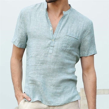 Wiaofellas Men's Flax Linen T-Shirt Casual V-Neck Button Down T-Shirts Slim Fit Cotton Linen Short Sleeve Basic Top Male Breathable